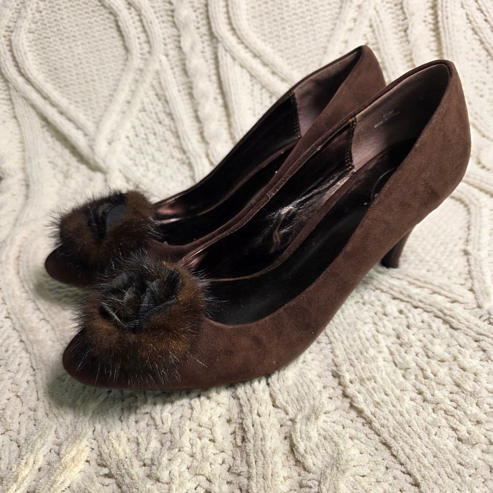Moda Reflex Pumps Brown Faux Fur Rosette Stiletto Heels Womens 8.5 Excellent